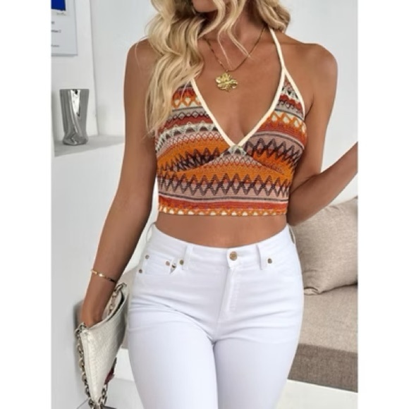 Woman’s Medium BOHO Halter Chevron Knit Top in Earthy Tones - Picture 2 of 6
